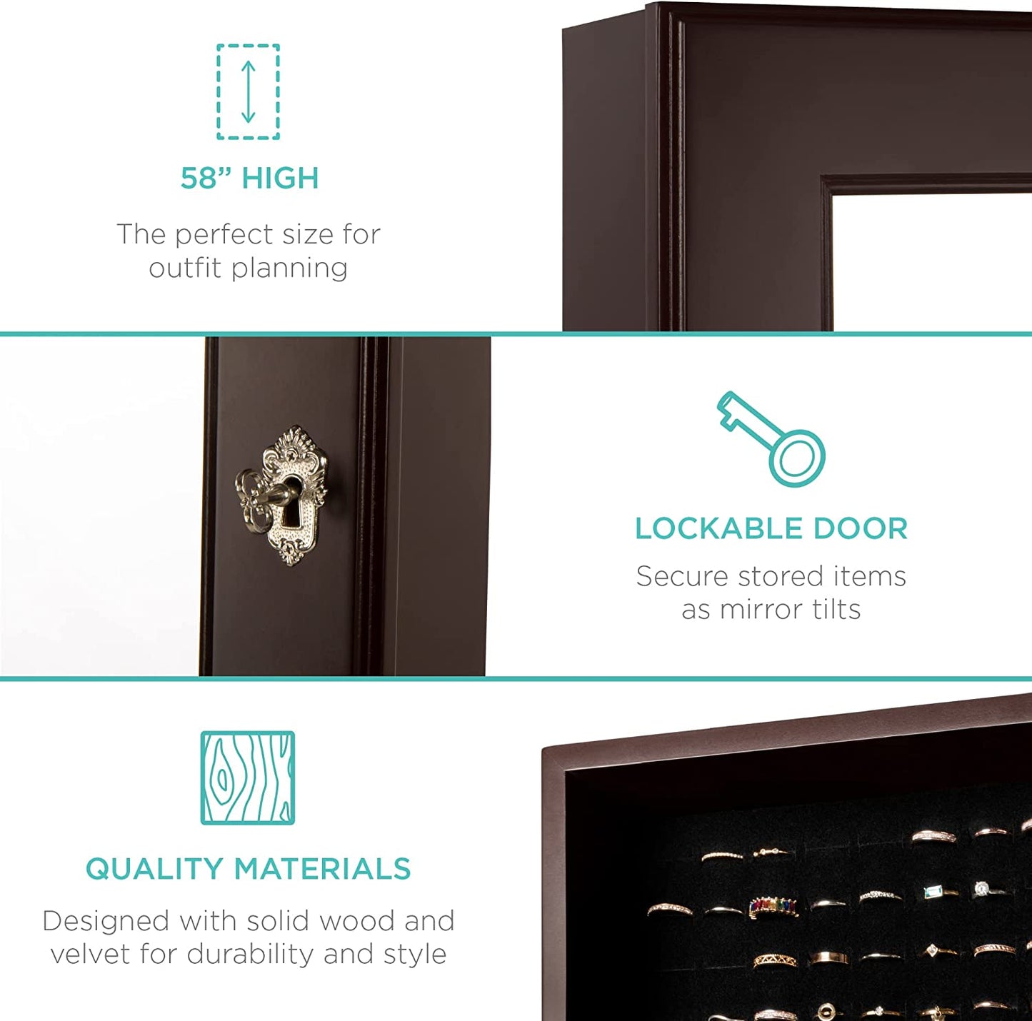 Standing Mirror Armoire, Lockable Jewelry Storage Organizer Cabinet W/ Velvet Interior, 3 Angle Adjustments - Brown