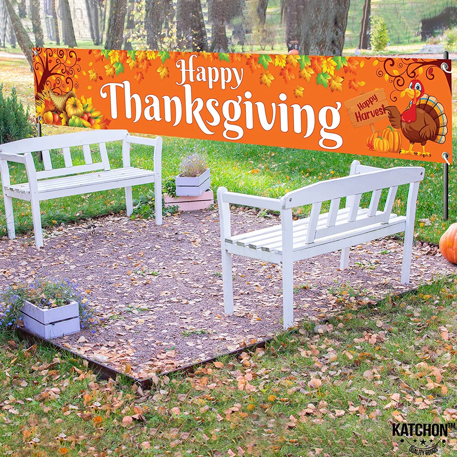 , Large Happy Thanksgiving Banner Outdoor - 120X20 Inch | Thanksgiving Fence Banner for Thanksgiving Yard Decorations | Thanksgiving Banners for outside for Thanksgiving Banner Decorations