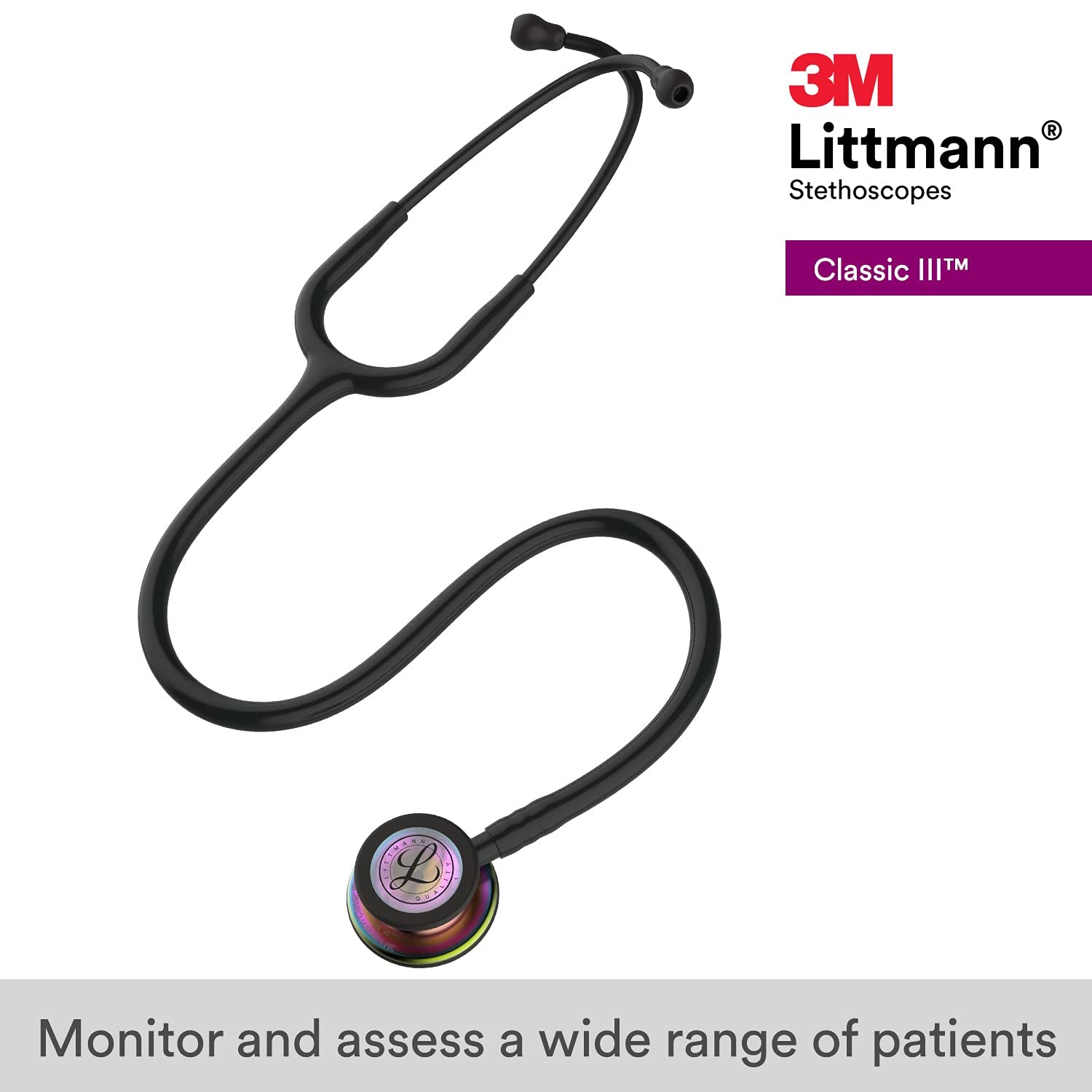 Classic III Monitoring Stethoscope, Rainbow-Finish Chestpiece, Black Stem and Headset, Black Tube, 27 Inch, 5870
