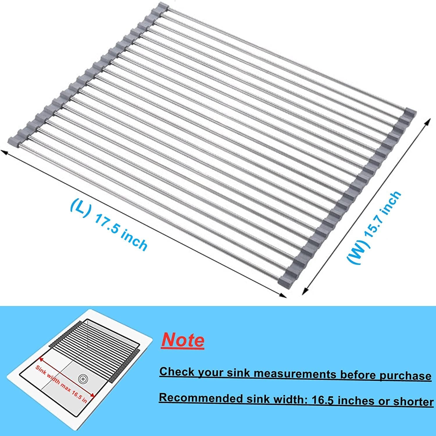 Roll up Dish Drying Rack over the Sink for Kitchen Sink 17.5X15.7 Inch Drying Rack Folding Dish Drainer Mat Rolling Dish Rack Sink Rack Stainless Steel Kitchen Dry Rack