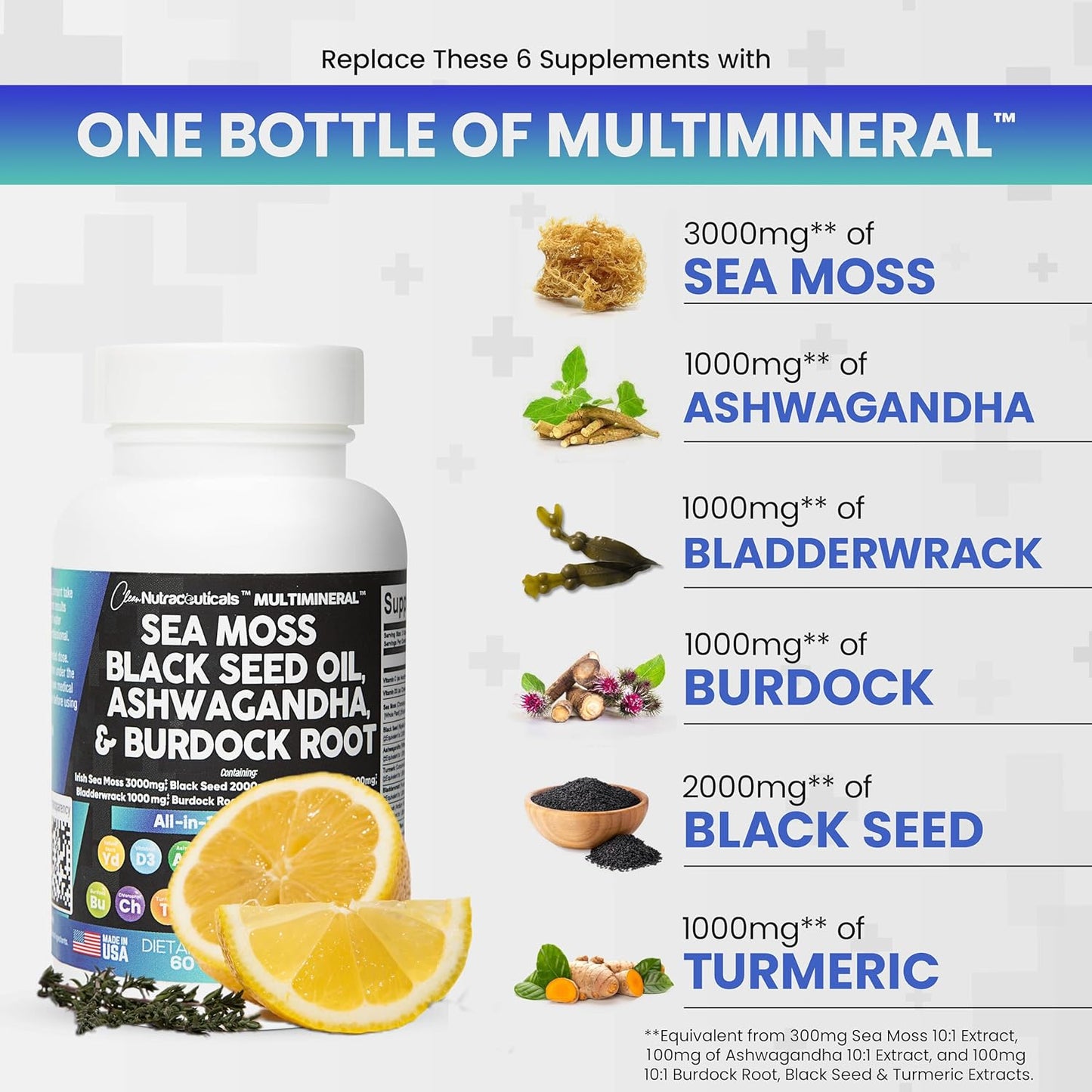 Sea Moss 3000Mg Black Seed Oil 2000Mg Ashwagandha 1000Mg Turmeric 1000Mg Bladderwrack 1000Mg Burdock 1000Mg & Vitamin C & D3 with Elderberry Manuka Dandelion Yellow Dock Iodine Chlorophyll ACV