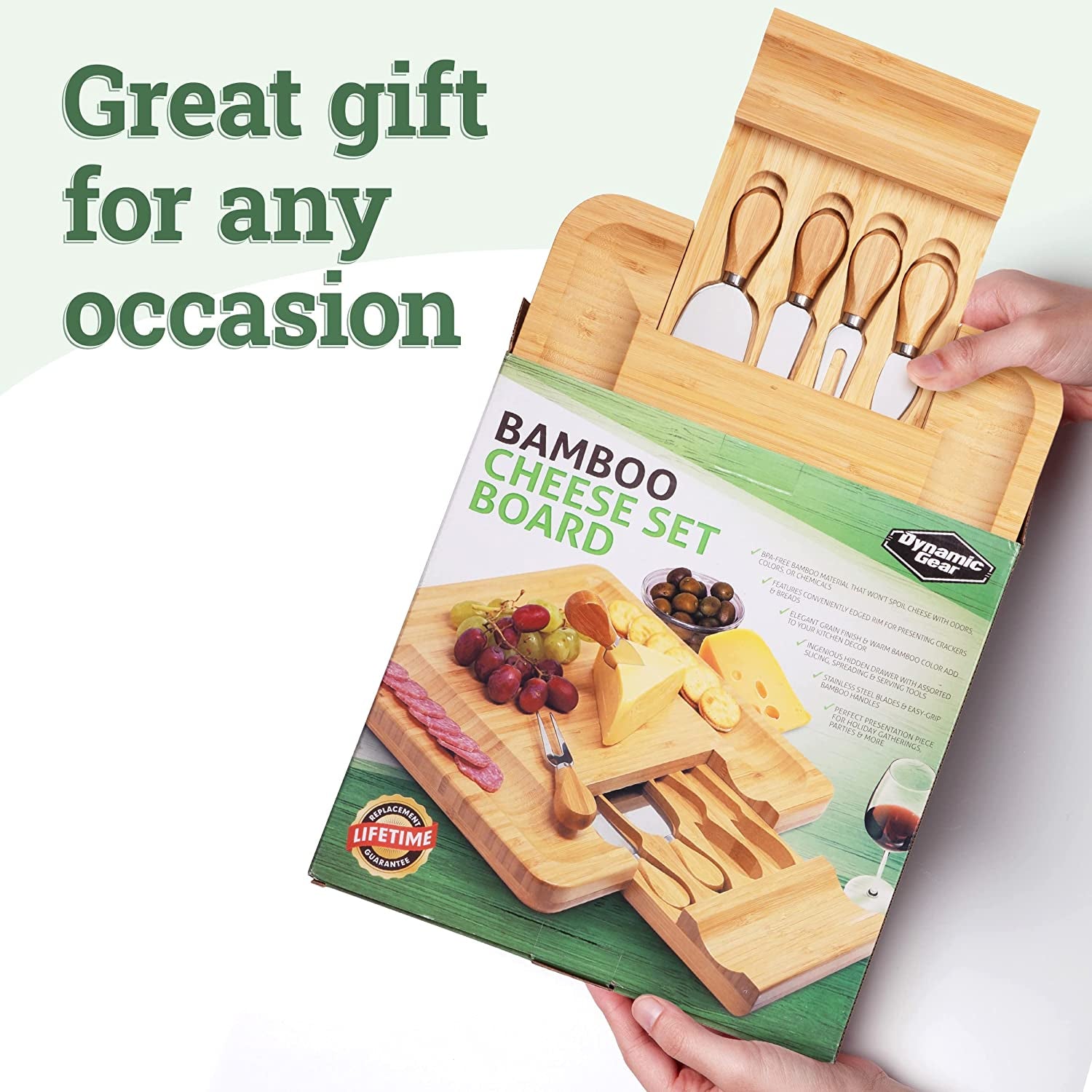 Bamboo Cheese Board Charcuterie Board Set with Cutlery - Slide-Out Drawer Includes 4 Stainless Steel Serving Utensils - Serving Tray for Wedding Gifts, Christmas Gifts, Housewarming