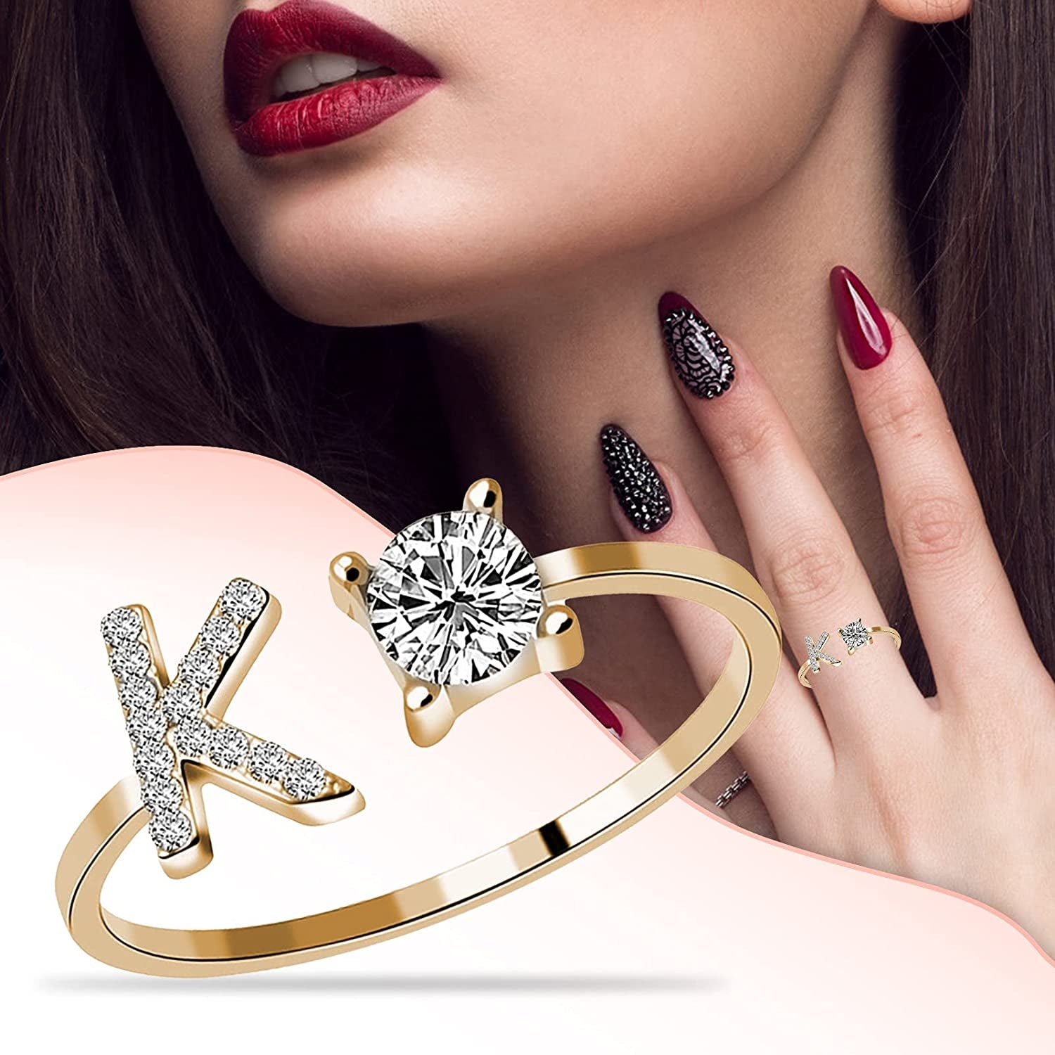 Manriver 26 Letters Rings for Women - Diamond Rhinestone Studded Zirconia Open Adjustable Rings Jewelry Accessory Gifts