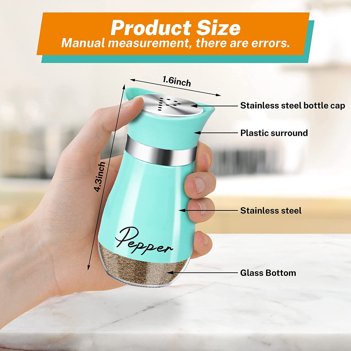 Salt and Pepper Shakers Set,4 Oz Glass Bottom Salt Pepper Shaker with Stainless Steel Lid for Kitchen Cooking Table, RV, Camp,Bbq Refillable Design (Cyan-Blue)