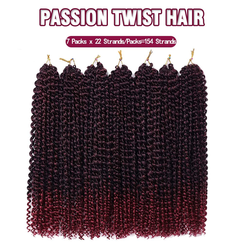 7 Packs Passion Twist Hair,18 Inch Water Wave Crochet Hair for Women Ombre Burgundy Passion Twist Crochet Hair Long Bohemian Synthetic Curly Braiding Hair Extensions(7Pcs,1B/Bug)