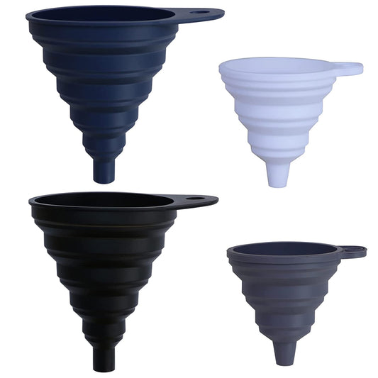 Silicone Collapsible Funnel Set of 4, Small and Large, Kitchen Accessories for Water Bottle Liquid Transfer Food Grade，Foldable Kitchen Utensils (Black, Grey, Blue, White 4Pack)