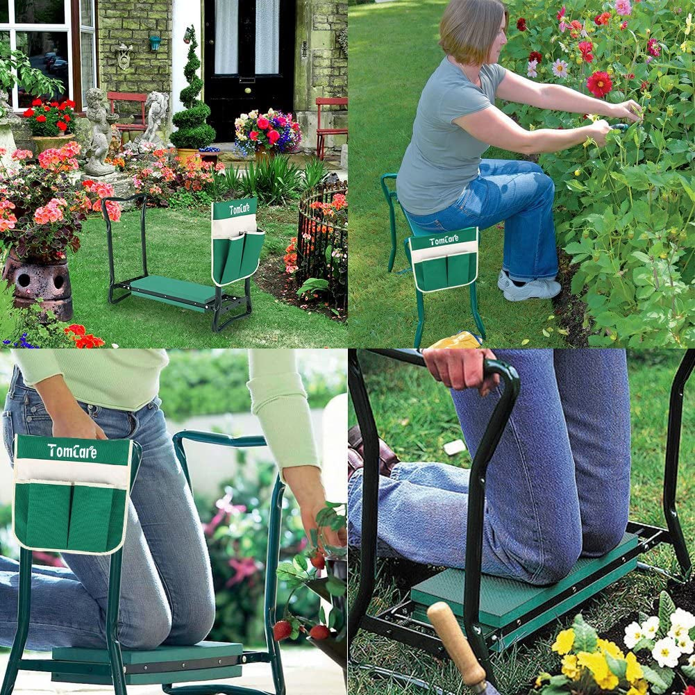 Garden Kneeler Seat Garden Bench Garden Stools Foldable Stool with Tool Bag Pouch EVA Foam Pad Outdoor Portable Kneeler Christmas Gardening Gifts for Women Men,Large 21.65"X10.62"X18.89",Green