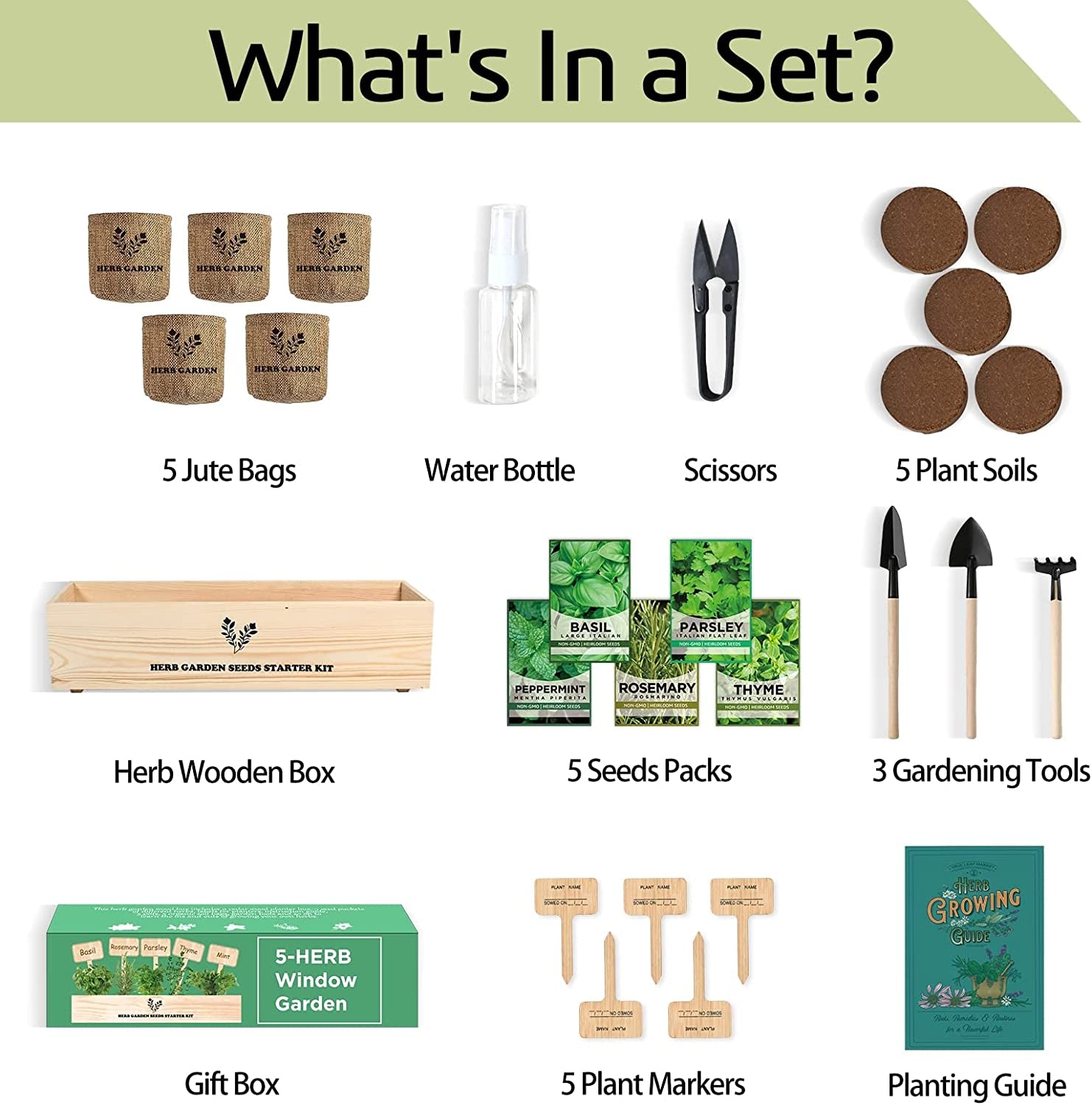 Indoor Herb Grow Kit, 5 Herb Seeds Garden Starter Kit with Complete Planting Kit & Wooden Flower Box, Growing into Basil, Parsley, Rosemary, Thyme, Mint for Kitchen Windowsill Herb Garden DIY