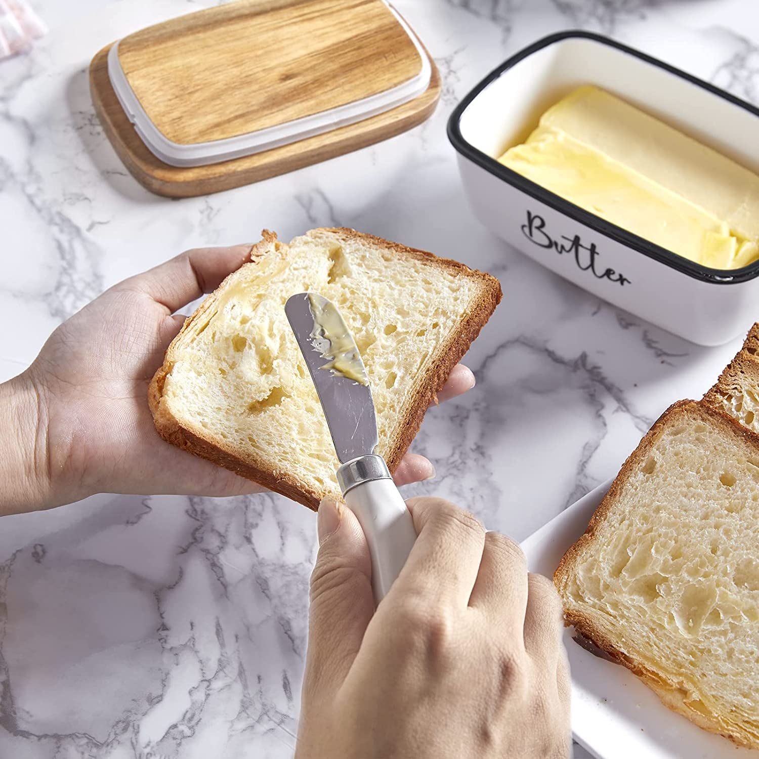 Farmhouse Butter Dish with Lid and Knife for Countertop, Airtight Butter Keeper for Counter or Fridge, Ceramic Butter Container with Thick Acacia Wood Lid, for Kitchen Decor and Accessories, White
