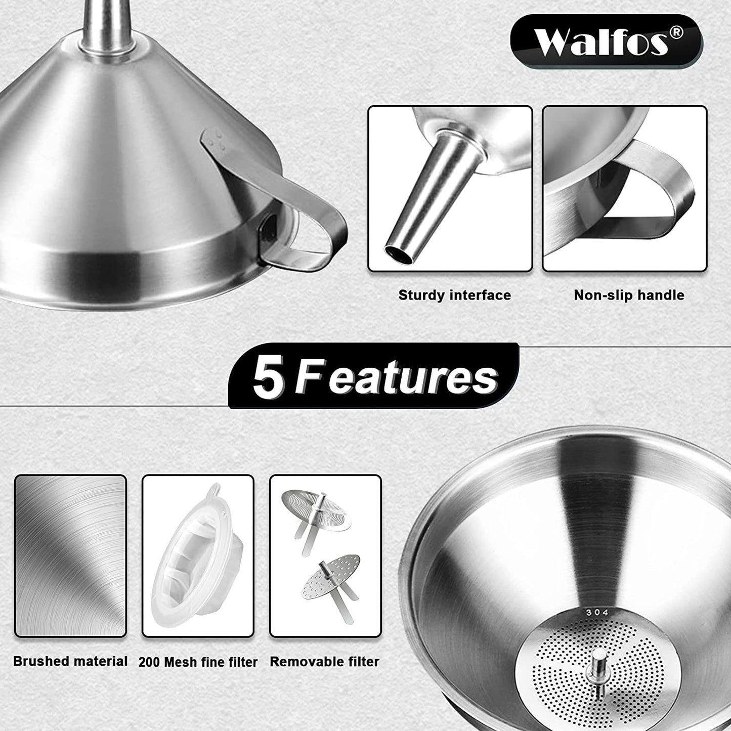 3Pcs Kitchen Funnel with 2 Removable Strainer ＆ 1 Cleaning Brush & 1Pc 200 Mesh Food Filter Strainer, Food Grade Stainless Steel Funnel for Transferring of Liquid, Oils, Jam, Dry Ingredients