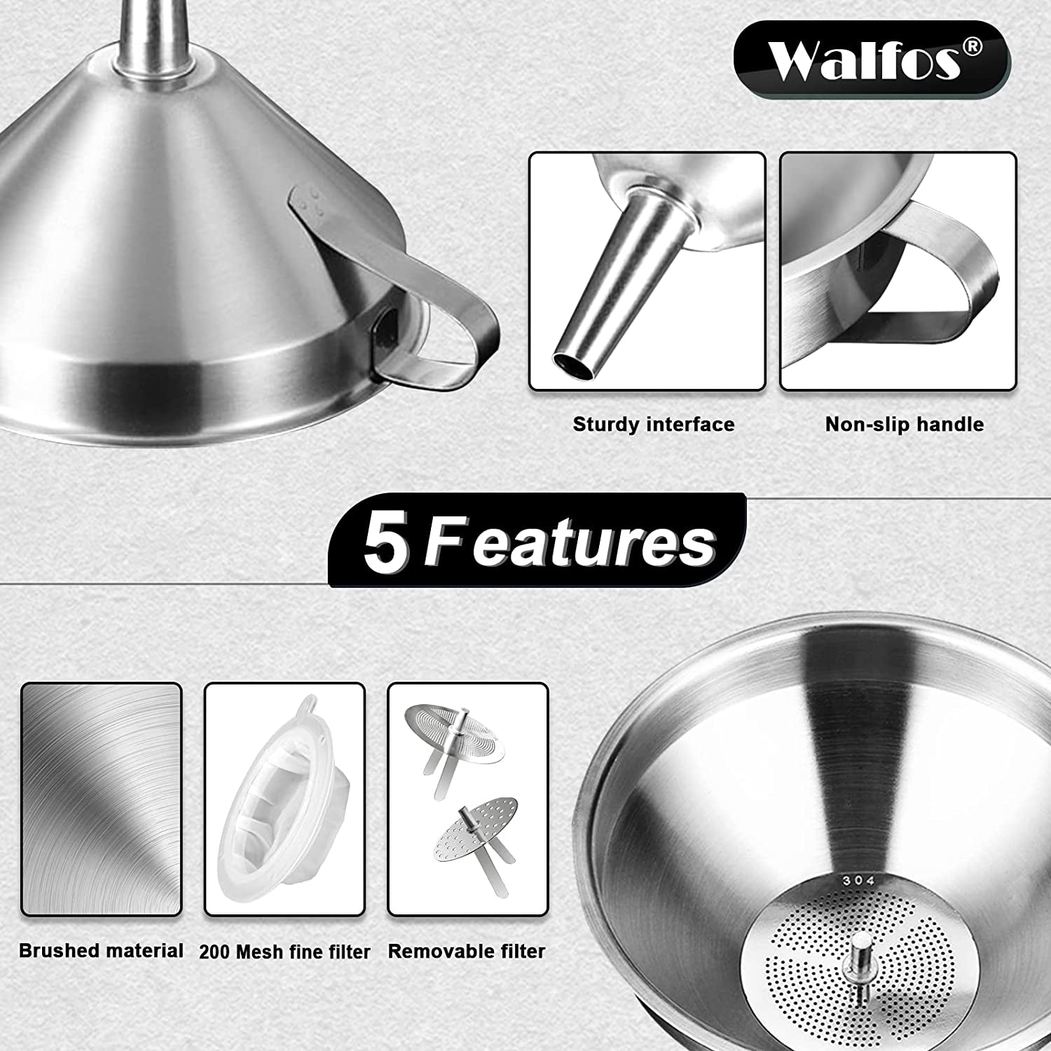 3Pcs Kitchen Funnel with 2 Removable Strainer ＆ 1 Cleaning Brush & 1Pc 200 Mesh Food Filter Strainer, Food Grade Stainless Steel Funnel for Transferring of Liquid, Oils, Jam, Dry Ingredients