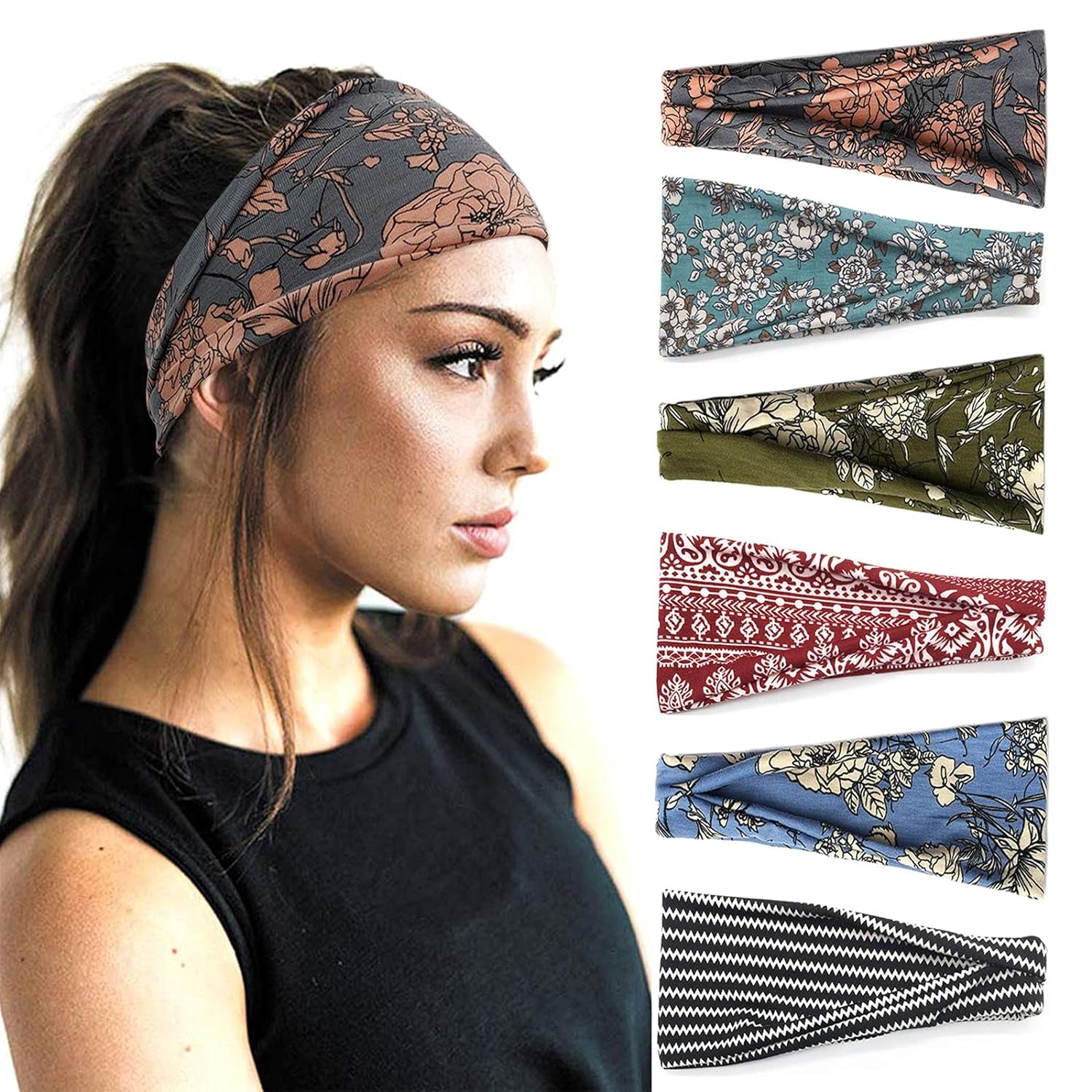 Boho Headbands for Women Fashion Wide Headband Yoga Workout Head Bands Hair Accessories Band 6 Pack