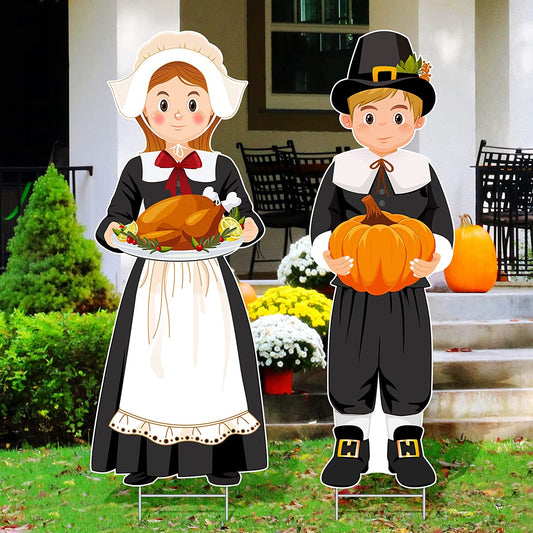 Large Thanksgiving Pilgrim Yard Sign Pilgrim Boy Girl Pumpkin Turkey Happy Fall Yard Lawn Sign with H Stands for Autumn Thanksgiving Harvest Party Outdoor Supplies Decoration, 33 X 12.6 Inch