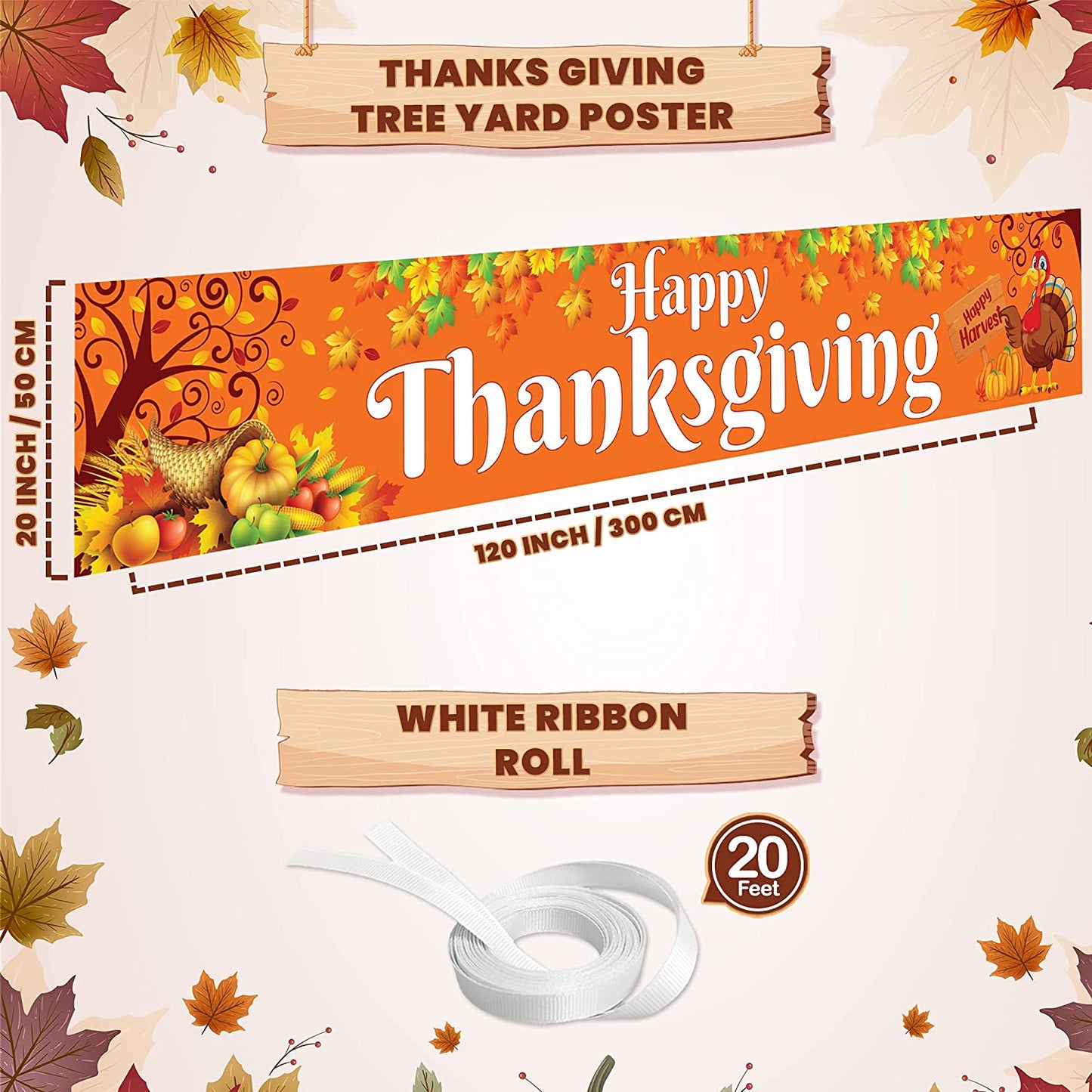 , Large Happy Thanksgiving Banner Outdoor - 120X20 Inch | Thanksgiving Fence Banner for Thanksgiving Yard Decorations | Thanksgiving Banners for outside for Thanksgiving Banner Decorations