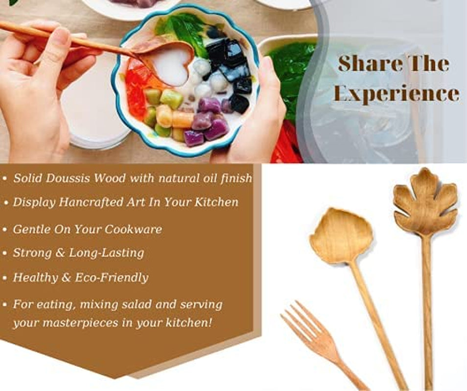Natural Wooden Spoons and Forks Set (Set of 6), Salad Tongs for Serving, Cooking Gifts for Mom, Housewarming Hostess Gifts, Thanksgiving Gifts, Christmas Gifts for Mom, White Elephant Gifts for Adults