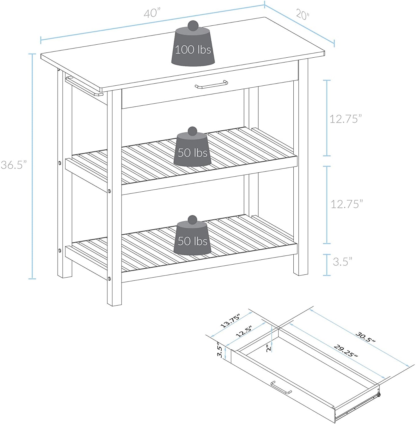 Casual Home Solid Hardwood Top, Natural/White, 40" W (373-91) Kitchen Island, Natural&White