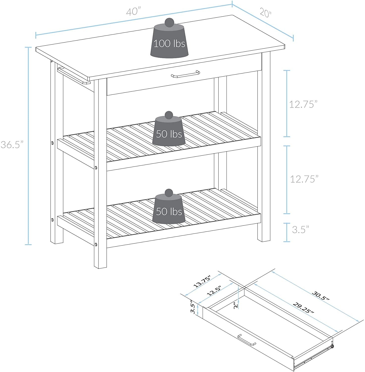 Casual Home Solid Hardwood Top, Natural/White, 40" W (373-91) Kitchen Island, Natural&White