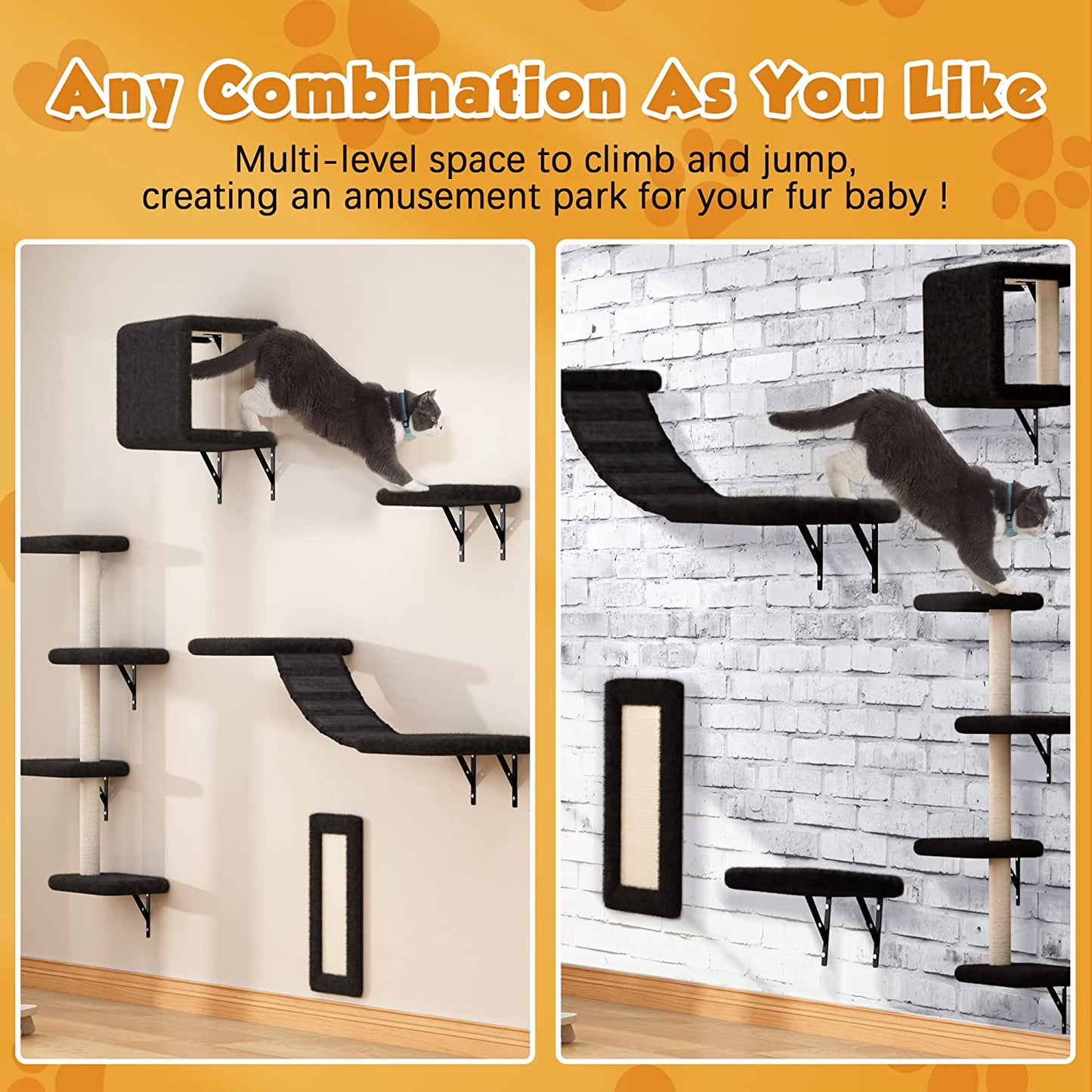 Wall Mounted Cat Furniture, Cat Wall Shelves Set of 5 with Cat Tree, Cat Perch, Cat Scratcher, Cat Bridge and Cat Condo, Gray (Black)