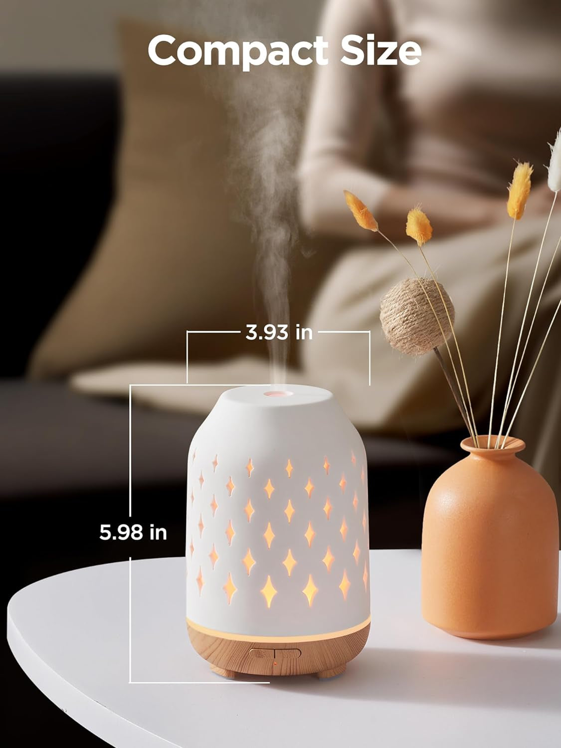 Aromatherapy Diffuser, 150Ml Ceramic Diffuser Ultrasonic Humidifier Cool Mist Essential Oil Diffusers for Home Air Diffuser with 2 Mist Modes Waterless Auto Off, White
