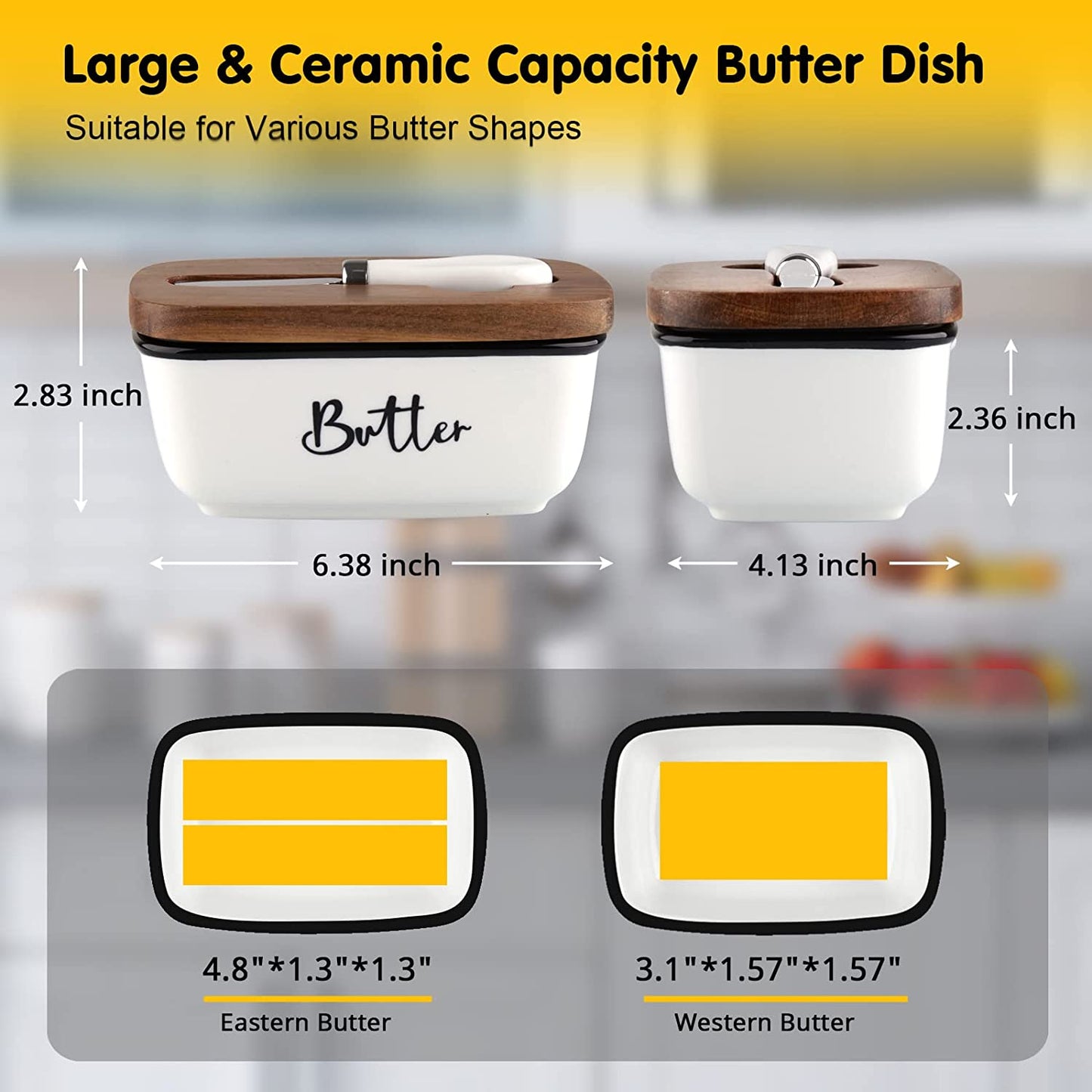 Farmhouse Butter Dish with Lid and Knife for Countertop, Airtight Butter Keeper for Counter or Fridge, Ceramic Butter Container with Thick Acacia Wood Lid, for Kitchen Decor and Accessories, White