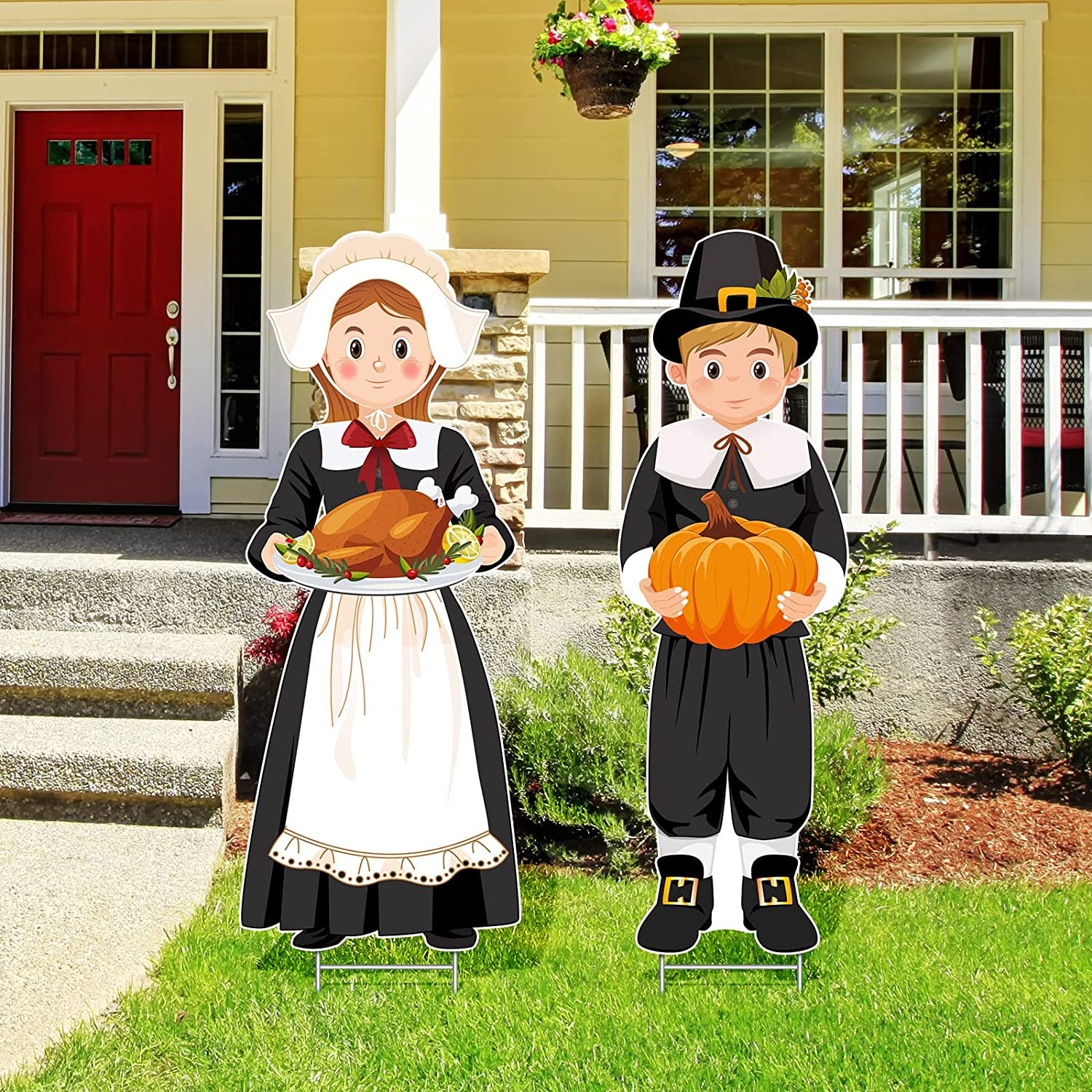 Large Thanksgiving Pilgrim Yard Sign Pilgrim Boy Girl Pumpkin Turkey Happy Fall Yard Lawn Sign with H Stands for Autumn Thanksgiving Harvest Party Outdoor Supplies Decoration, 33 X 12.6 Inch