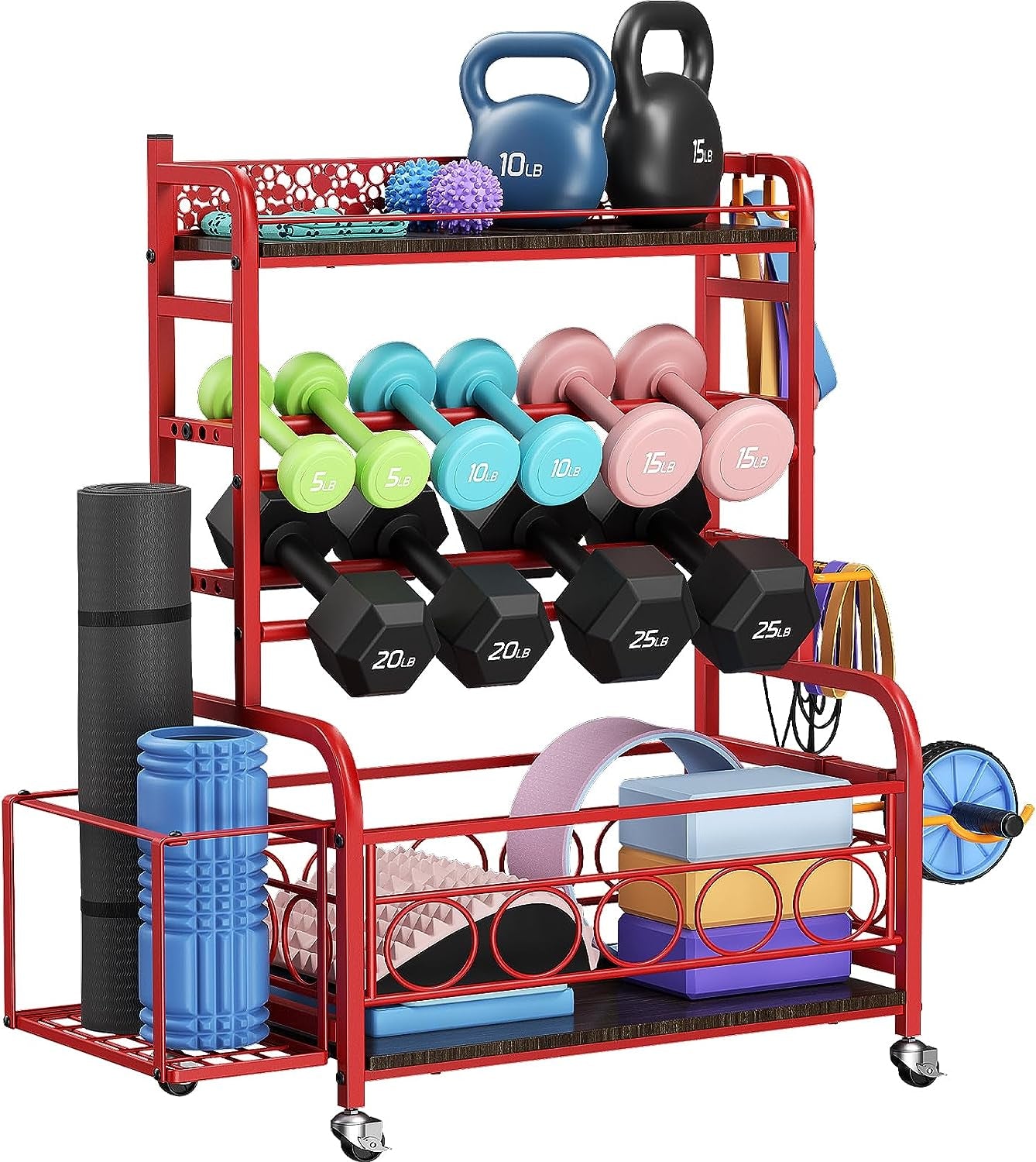 Weight Rack for Dumbbells, Dumbbell Rack Weight Stand,  Home Gym Storage Rack for Yoga Mat Kettlebells and Strength Training Equipment, Weight Storage Holder Rack for Dumbbells with Wheels