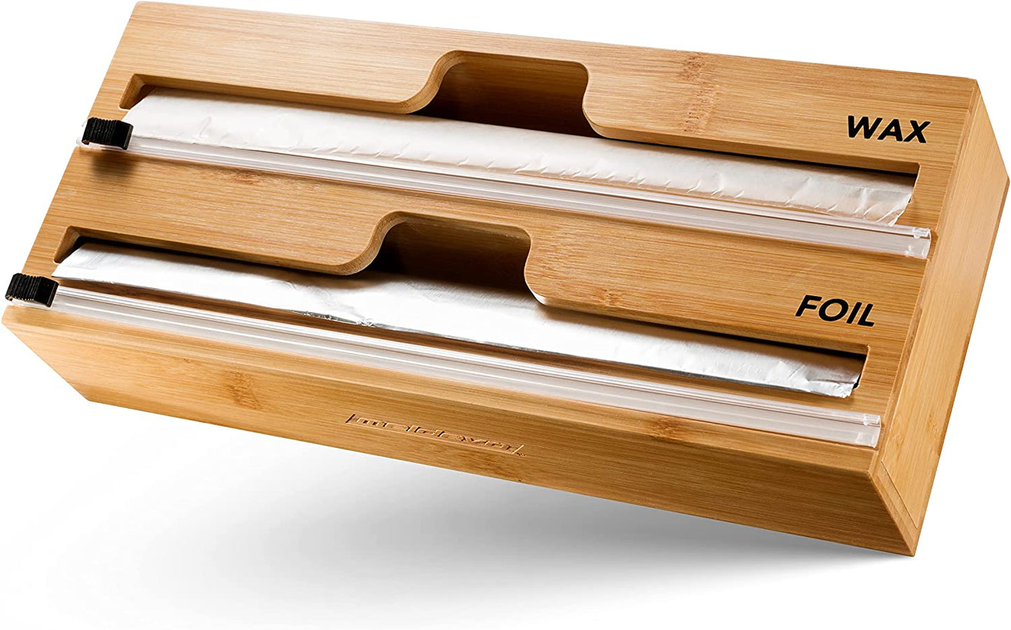 2 in 1 Wrap Dispenser with Cutter and Labels, Plastic Wrap, Aluminum Foil and Wax Paper Dispenser for Kitchen Drawer, Bamboo Roll Organizer Holder, Compatible with 12" Roll