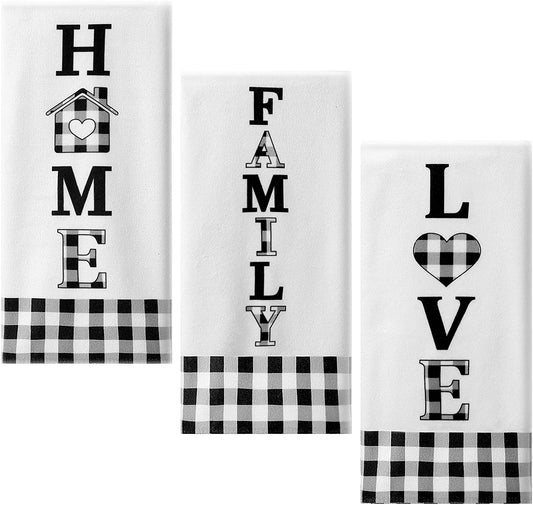 3 Pieces Buffalo Plaid Home Love Family Kitchen Towel Black and White Plaid Country Kitchen Towels Set Fast Drying Farmhouse Kitchen Towels Decorative Kitchen Towels for Cooking Baking (Cute)