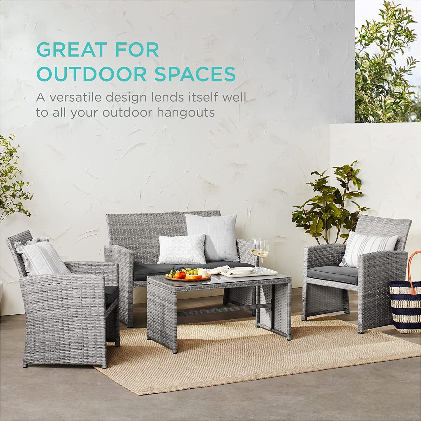 4-Piece Outdoor Wicker Patio Conversation Furniture Set for Backyard, Deck, Poolside W/Coffee Table, Seat Cushions - Gray Wicker/Gray Cushions