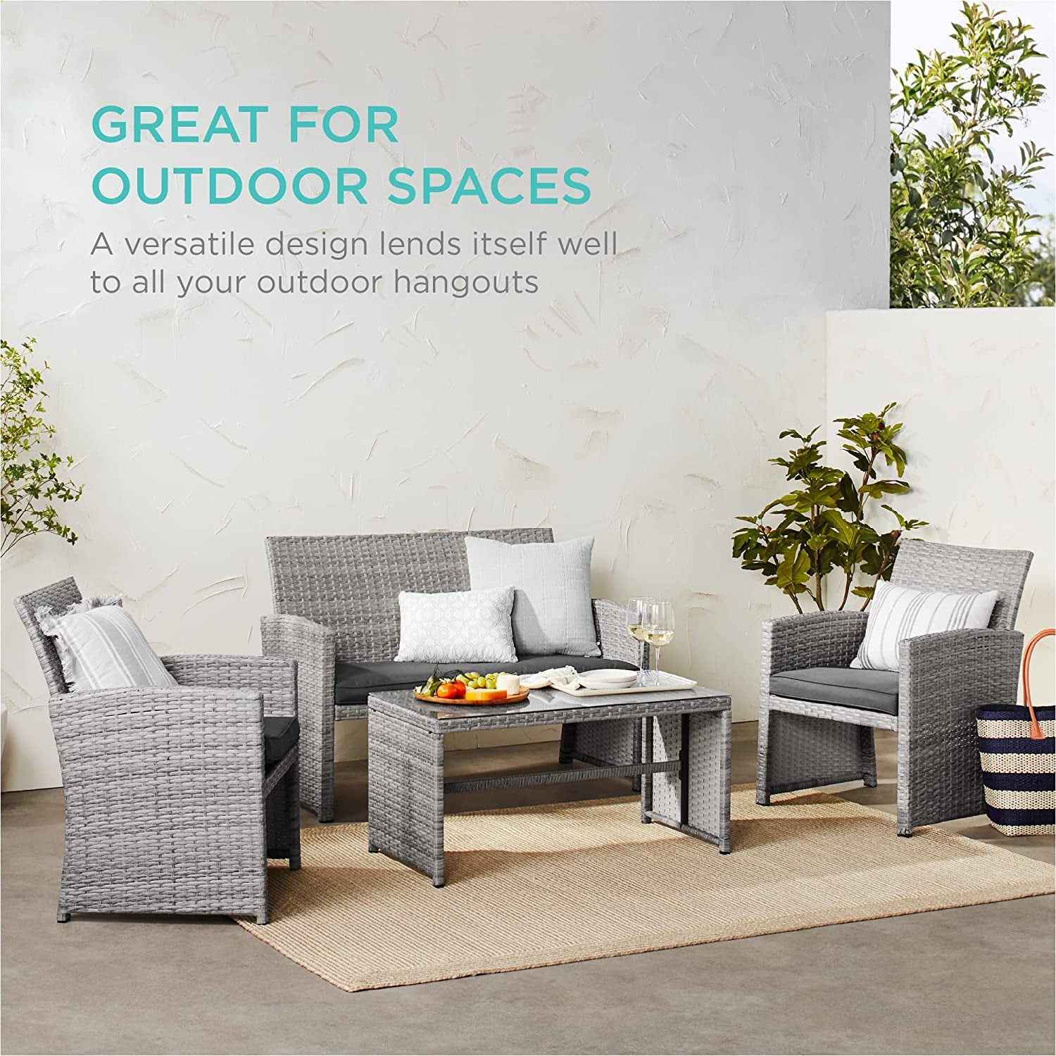 4-Piece Outdoor Wicker Patio Conversation Furniture Set for Backyard, Deck, Poolside W/Coffee Table, Seat Cushions - Gray Wicker/Gray Cushions