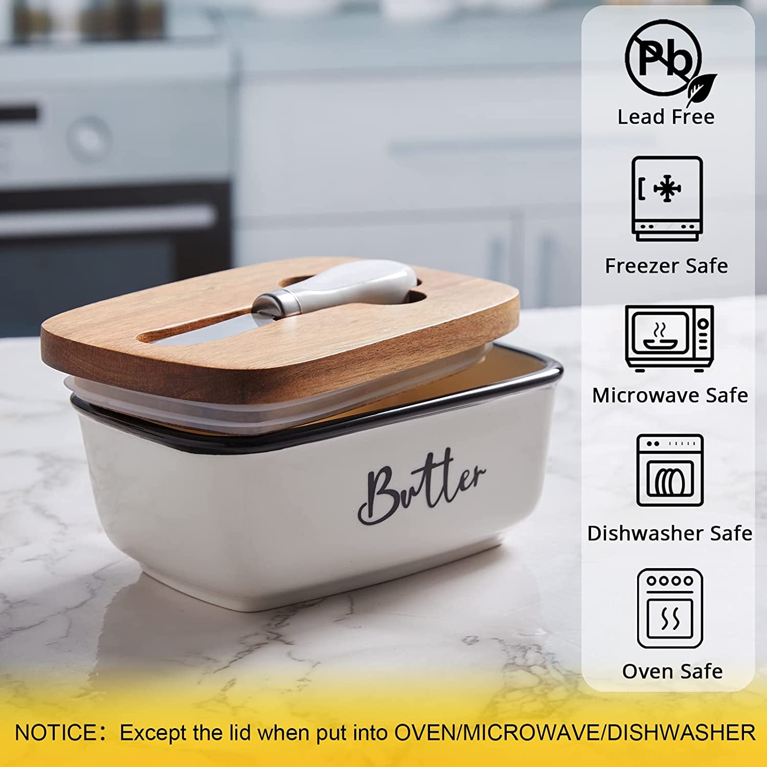 Farmhouse Butter Dish with Lid and Knife for Countertop, Airtight Butter Keeper for Counter or Fridge, Ceramic Butter Container with Thick Acacia Wood Lid, for Kitchen Decor and Accessories, White