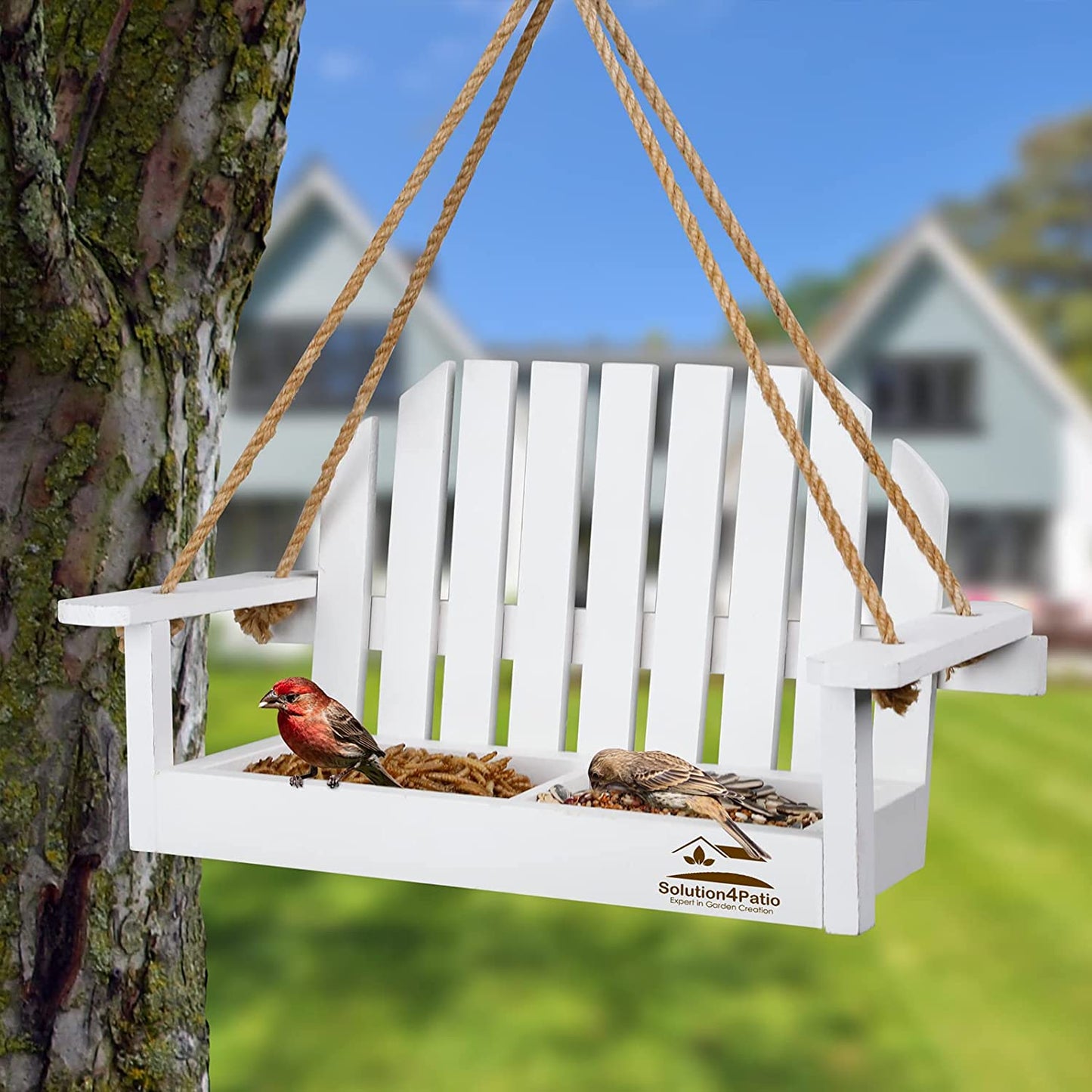 Solution4Patio White Swing Wild Bird Feeder for Outside, Metal Mesh Bottom, Cute Bench Bird Feeder or Squirrel Feeder for Yard, Porch Decoration, Large Capacity, Easy to Fill & Clean, #8455