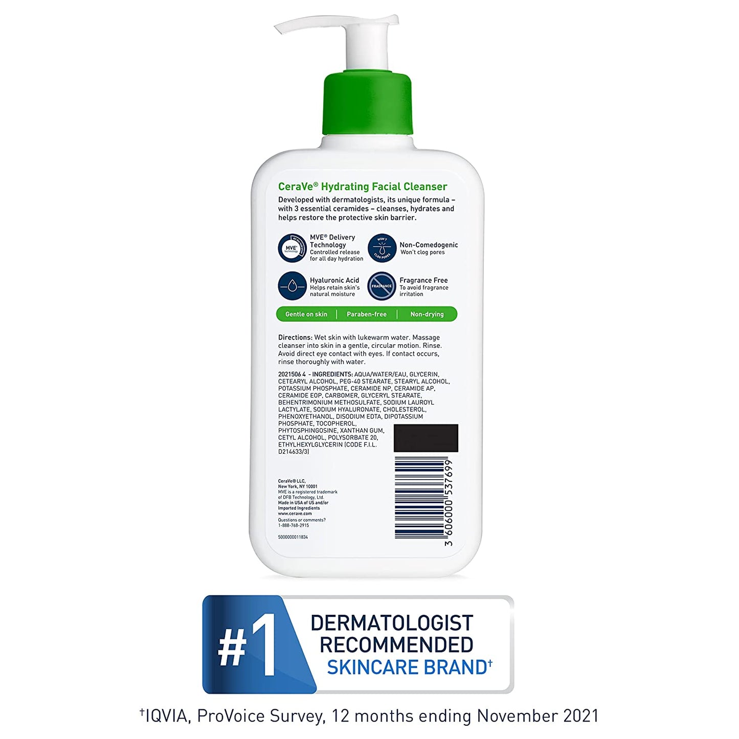 Hydrating Facial Cleanser | Moisturizing Non-Foaming Face Wash with Hyaluronic Acid, Ceramides and Glycerin | Fragrance Free Paraben Free | 16 Fluid Ounce