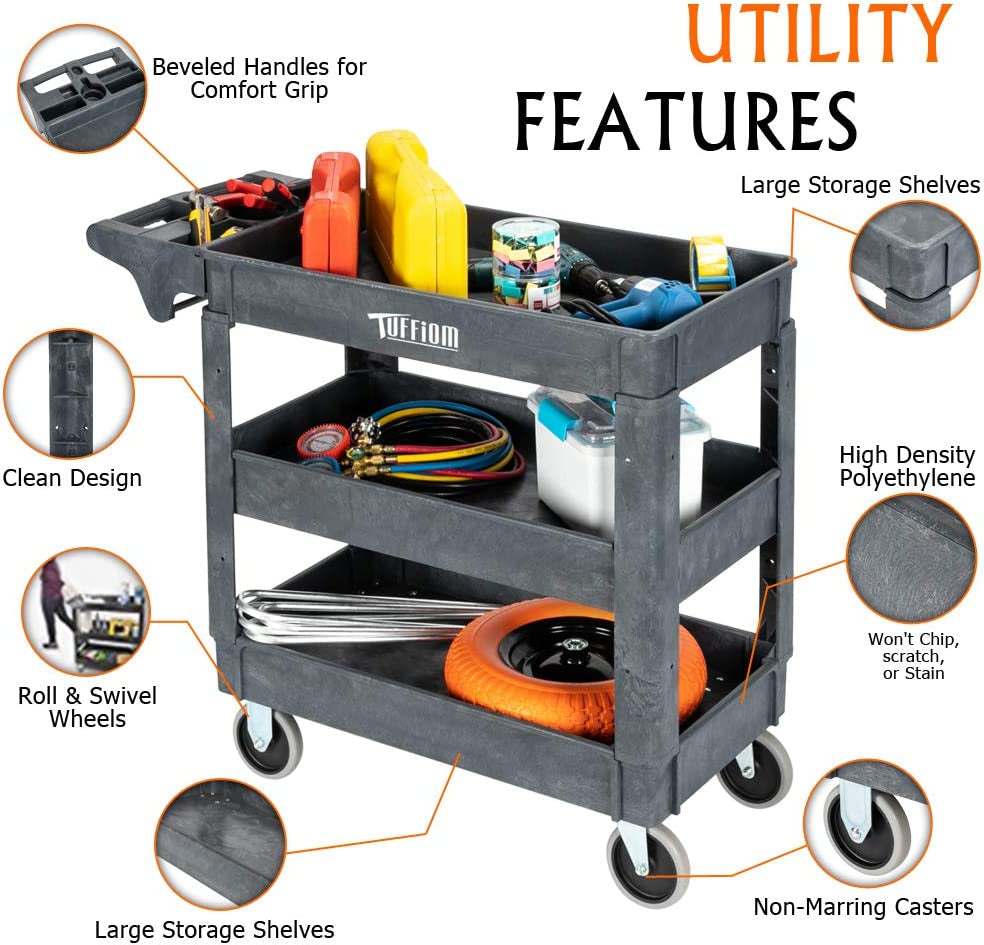 Plastic Service Utility Cart, Support up to 550Lbs Capacity, Heavy Duty Tub Storage Cart W/Deep Shelves, Multipurpose Rolling 3-Tier Mobile Storage Organizer, for Warehouse Garage