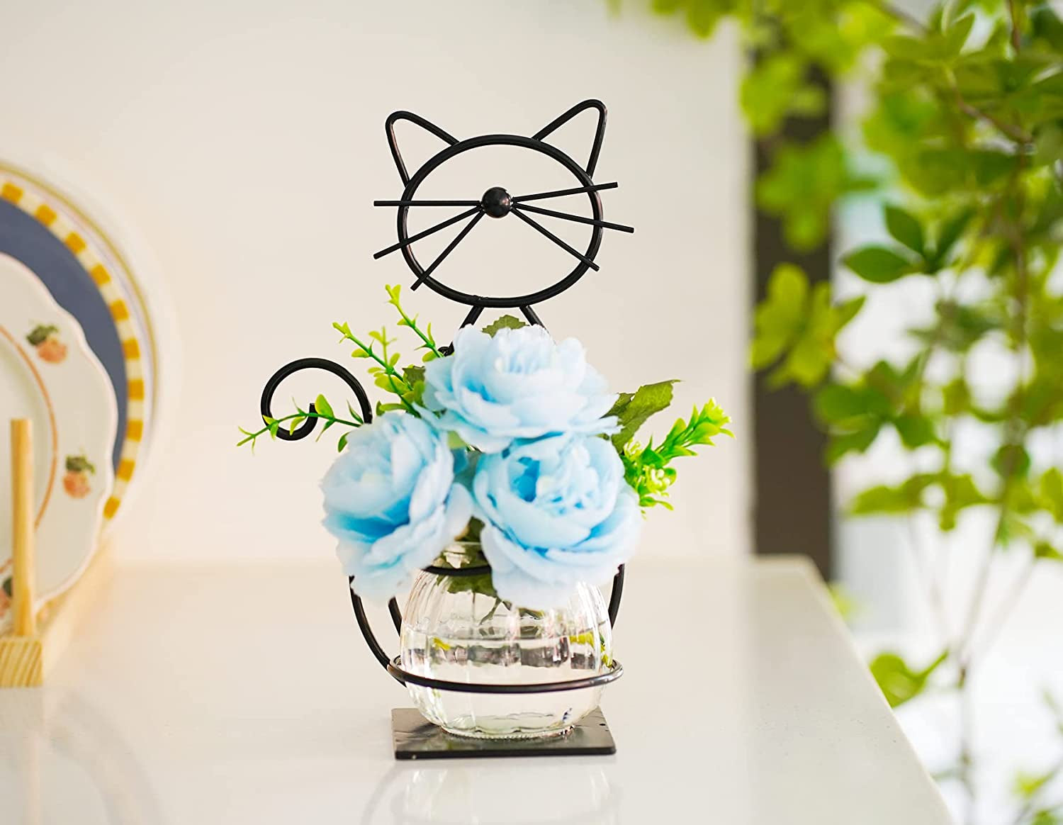 Desktop Glass Planter Vase Holder, Metal Cat Plant Terrarium Stand for Plants Creative Decorations for Home Patio Lawn Garden