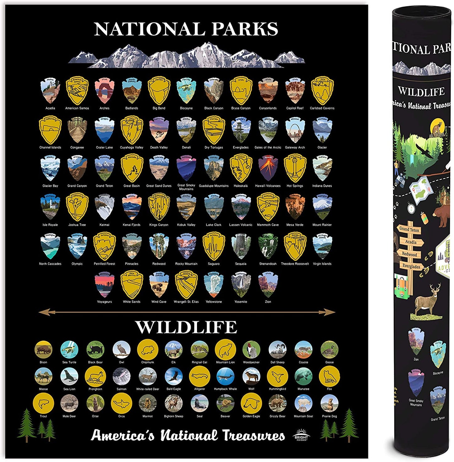 National Parks Scratch off Map of United States Poster [ALL 63 Parks] INCLUDES Wildlife, US Travel Map Print, USA Gift for Travelers Road Trip Adventure Journal, Fits 16”X20” Frame by