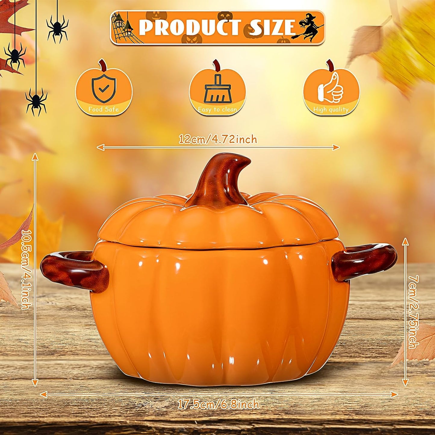 2 Pcs Ceramic Pumpkin Dish Casserole Cookware 17 Oz Pumpkin Pots for Cooking Orange Cute Pumpkin Bowl Safe Pumpkin Oven Pot with Lid Double Ear Baking Bowl for Bakeware Halloween Thanksgiving