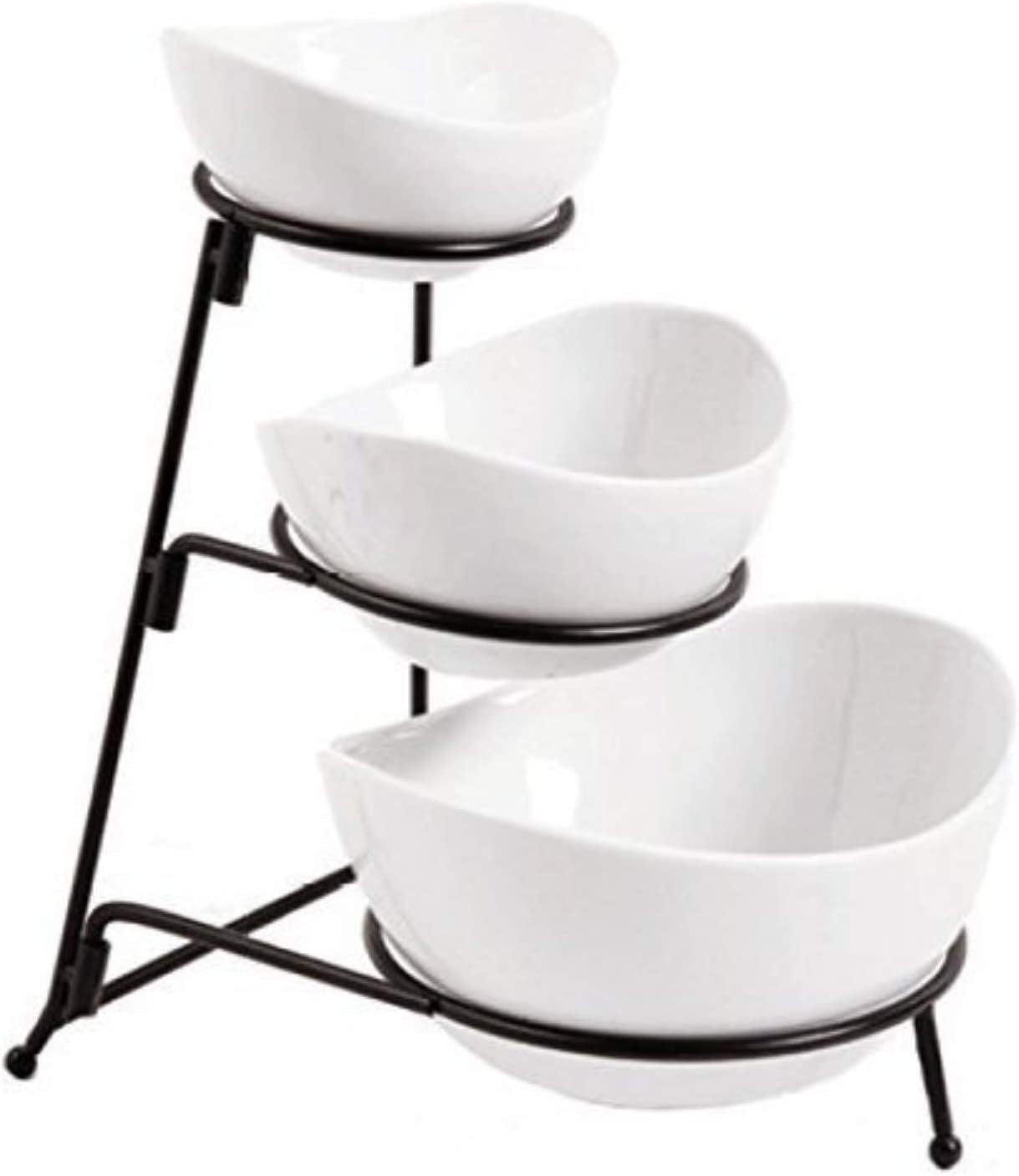 3 Tier White Oval Bowl Set with Collapsible Thicker Metal Rack - Perfect Display for Chips, Dips, Candy, Fruit and More Collapsible Stand with Nesting Bowls for Easy Storage