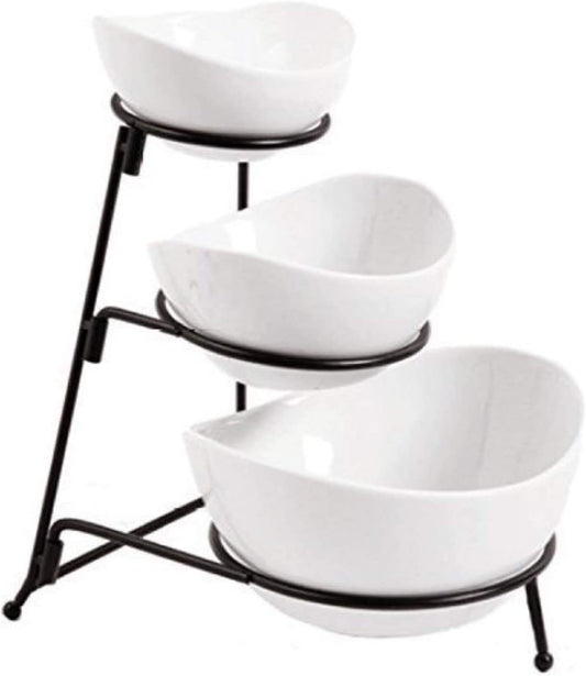 3 Tier White Oval Bowl Set with Collapsible Thicker Metal Rack - Perfect Display for Chips, Dips, Candy, Fruit and More Collapsible Stand with Nesting Bowls for Easy Storage
