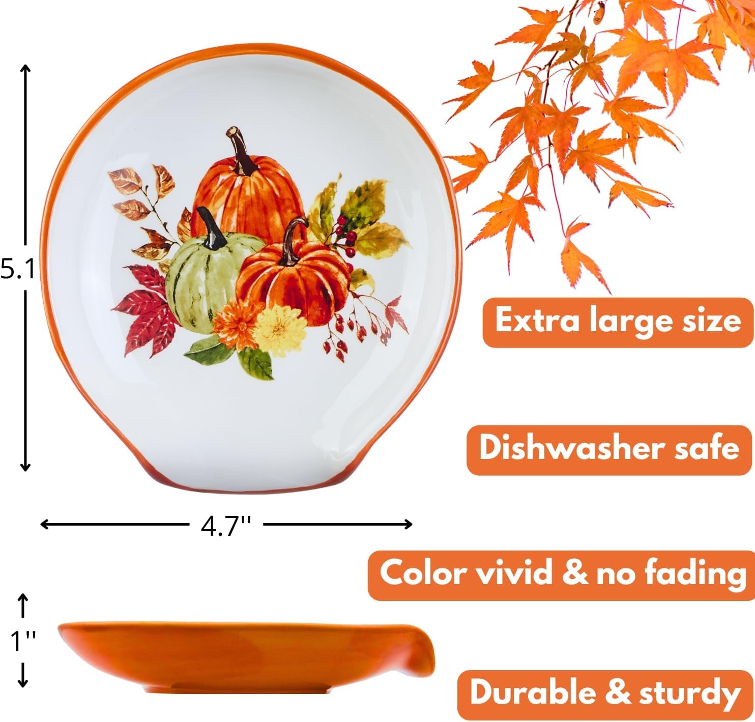 Pumpkin Spoon Rest - Fall Pumpkin Decor, Halloween Pumpkin Decorations Thanksgiving Spoon Rest for Stove Top, Autumn Utensil Holder Farmhouse Fall Kitchen Decor, Large No-Handle Spoon Holder Pottery