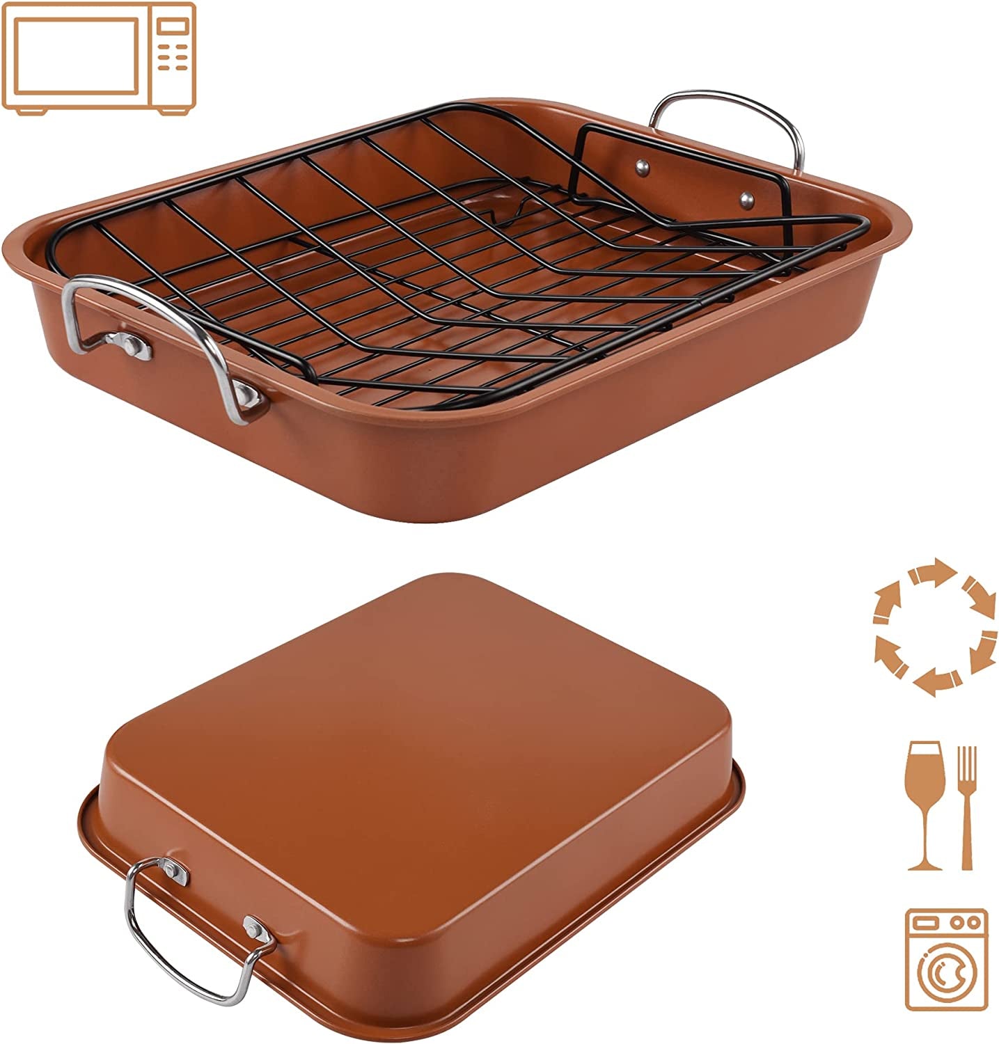 Kitcom Nonstick Roasting Pan, Roaster with Cooling Rack and V-Rack - 16 Inch Rectangular Turkey Roaster Lasagna Pan for Easter, Thanksgiving & Christmas, Dishwasher Safe, Bronze