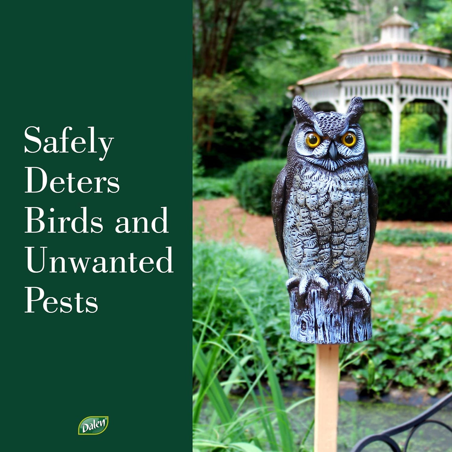 Fake Owl Decoy to Scare Birds Away from Gardens, Rooftops, and Patios - Scarecrow Provides Chemical-Free Pest Control - Safe and Humane, 16" Great Horned Owl