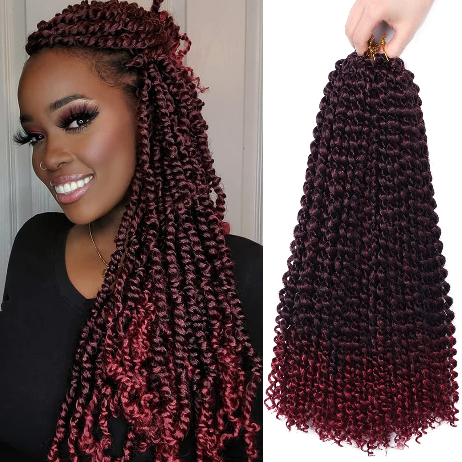 7 Packs Passion Twist Hair,18 Inch Water Wave Crochet Hair for Women Ombre Burgundy Passion Twist Crochet Hair Long Bohemian Synthetic Curly Braiding Hair Extensions(7Pcs,1B/Bug)