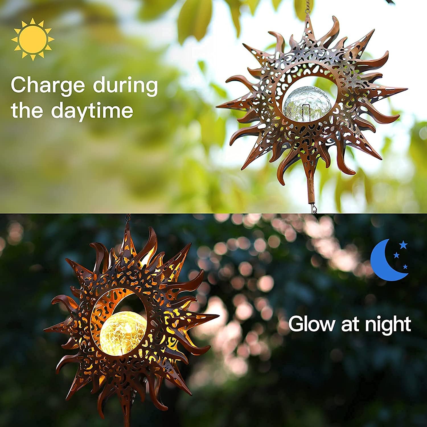 Solar Wind Chimes, Sun Wind Chime Outdoor Clearance W/Glowing Crackle Glass LED Unique Wind Bells for outside Waterproof Chimes, Gifts for Her/Him (42" Long Metal Chimes)…