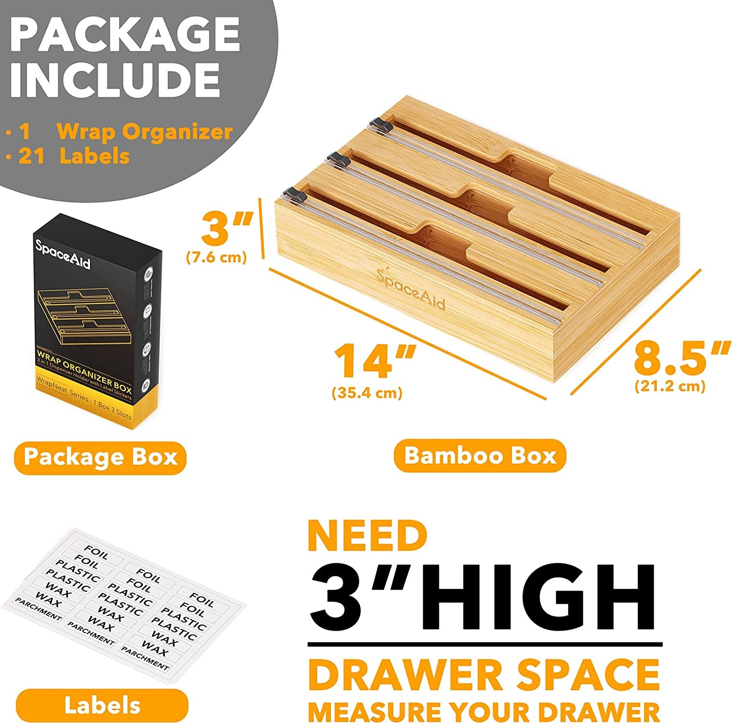 Wrapneat 3 in 1 Wrap Organizer with Cutter and Labels, Plastic Wrap, Aluminum Foil and Wax Bamboo Dispenser for Kitchen Storage Organization Holder for 12" Roll (Natural)