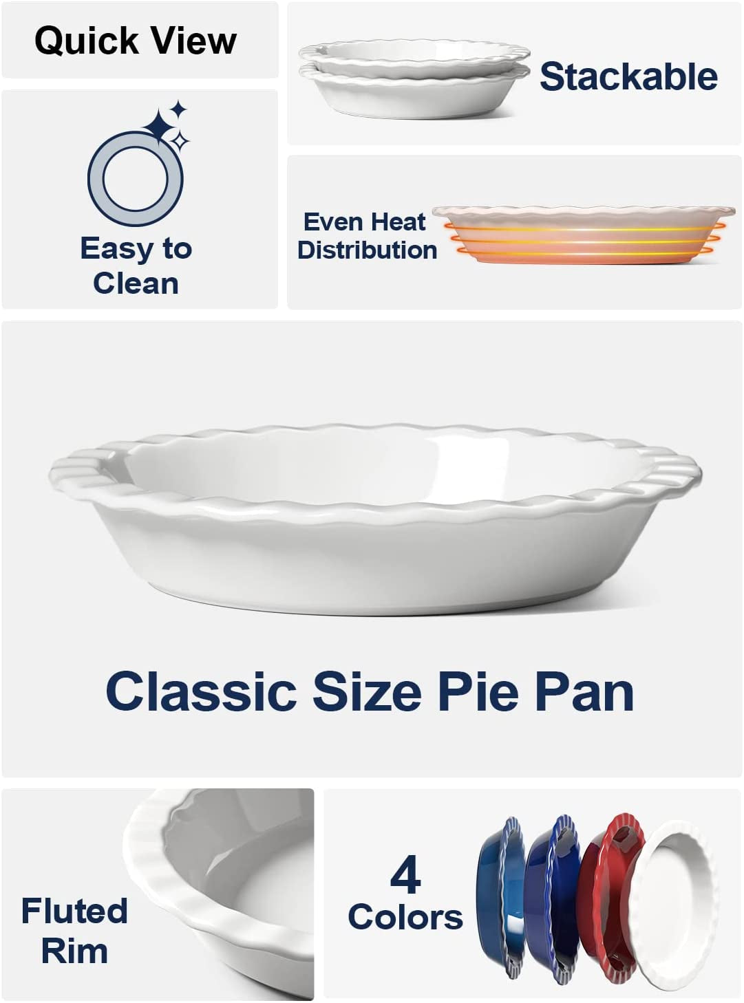 Ceramic Pie Pans for Baking, 9 Inches Pie Plate for Apple Pie, round Baking Dish, 36 Ounce Deep Dish Pie Pan, Set of 2, White