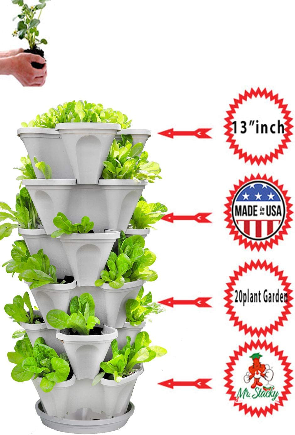 © 5-Tier 13 Inch Wide - (Stone Color) Strawberry and Herb Garden Planter - Stackable Gardening Pots with 10 Inch Saucer