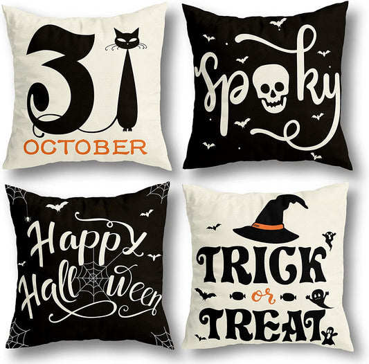 Halloween Decorations Pillow Covers 18X18 Set of 4 for Halloween Decor Indoor Outdoor, Party Supplies Farmhouse Home Decor Throw Pillows Cover Spider Web Cat Skull Decorative Cushion Case