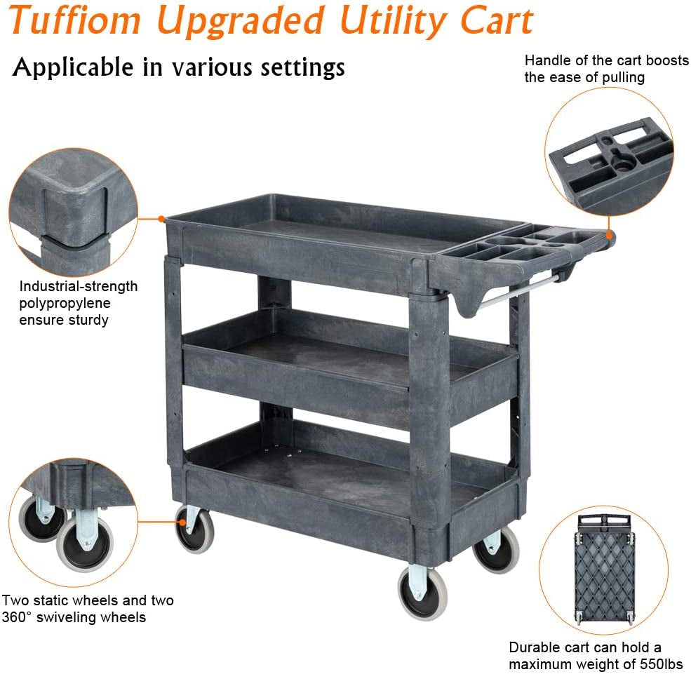 Plastic Service Utility Cart, Support up to 550Lbs Capacity, Heavy Duty Tub Storage Cart W/Deep Shelves, Multipurpose Rolling 3-Tier Mobile Storage Organizer, for Warehouse Garage