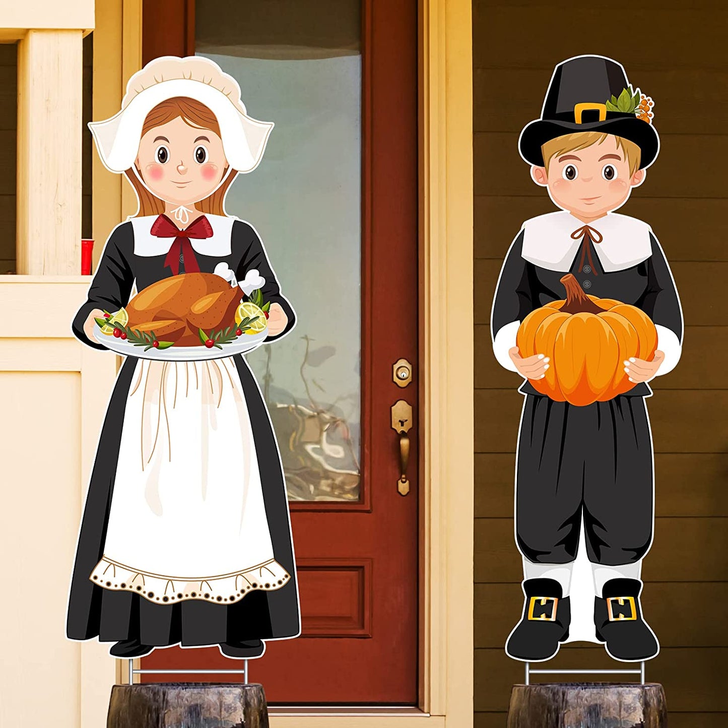 Large Thanksgiving Pilgrim Yard Sign Pilgrim Boy Girl Pumpkin Turkey Happy Fall Yard Lawn Sign with H Stands for Autumn Thanksgiving Harvest Party Outdoor Supplies Decoration, 33 X 12.6 Inch